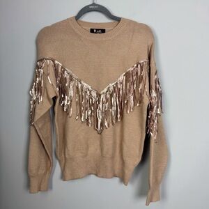 MERITT | NEW Tan Sweater with Gold Sequin Fringe Details Women’s Size Small